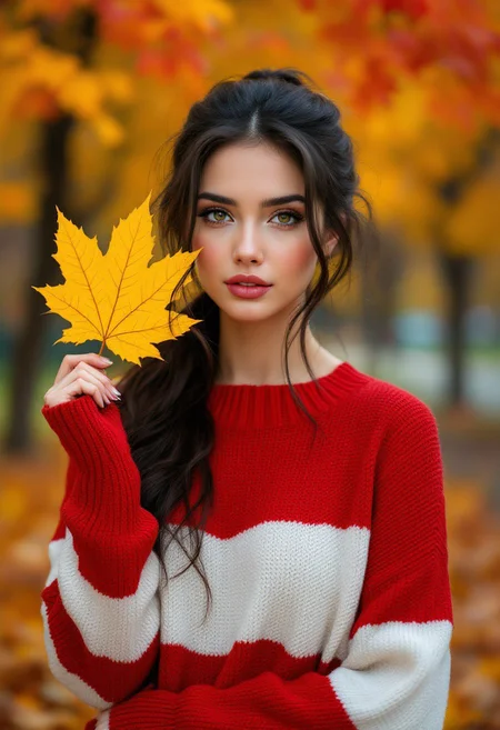 A stunning fashion portrait of a beautiful woman with long dark hair in a ponytail, wearing a red and white striped sweater. She holds a bright yellow maple leaf in her hand, surrounded by the warm, vibrant colors of an autumnal setting. The photograph is inspired by the masterful works of Annie Leibovitz and Mario Testino, featuring a shallow depth of field that focuses on the model. The natural lighting enhances the warm tones from the autumn leaves, while the vibrant colors of the sweater and foliage create a striking contrast. The textures of the knitted sweater and fallen leaves are beautifully emphasized, and the background of a park with colorful autumn trees adds depth to the image. The photo is taken at eye-level, giving it a cinematic and intimate feel, capturing the essence of a fashion-forward portrait., fashion, vibrant, portrait photography
