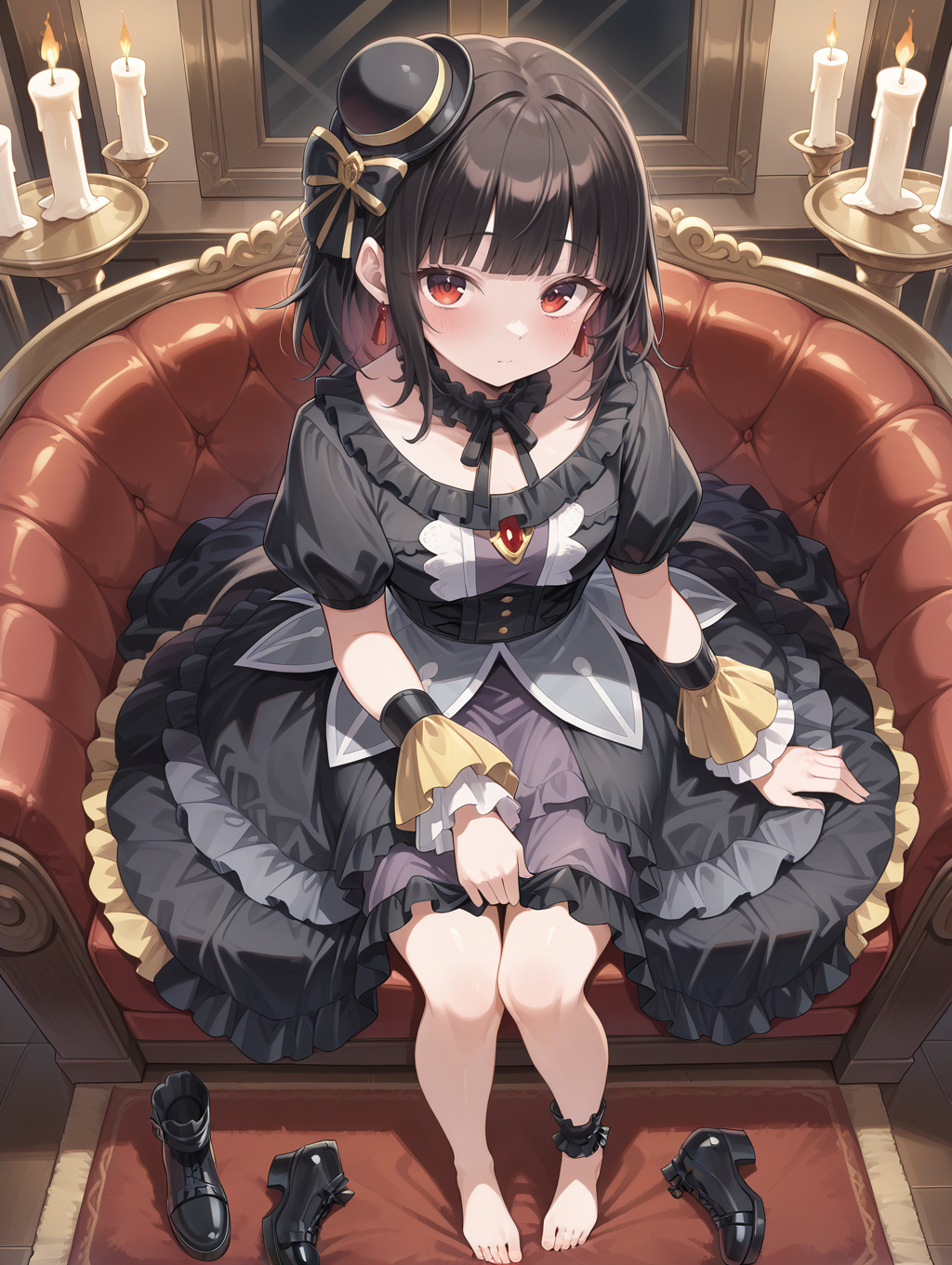 blunt bangs,moon of the closed heaven,1girl,solo,candle,sitting,barefoot,looking at viewer,red earrings,candlestand,indoors,undressing,unworn shoes,closed mouth,black knee boots,black frilled choker,black mini hat,black princess dress,yellow wrist cuffs,from above,blush,
masterpiece,best quality,amazing quality,very aesthetic,apussbsurdres,newest,<lora:Moon of the Closed Heaven illuXL v1.1:0.72>,