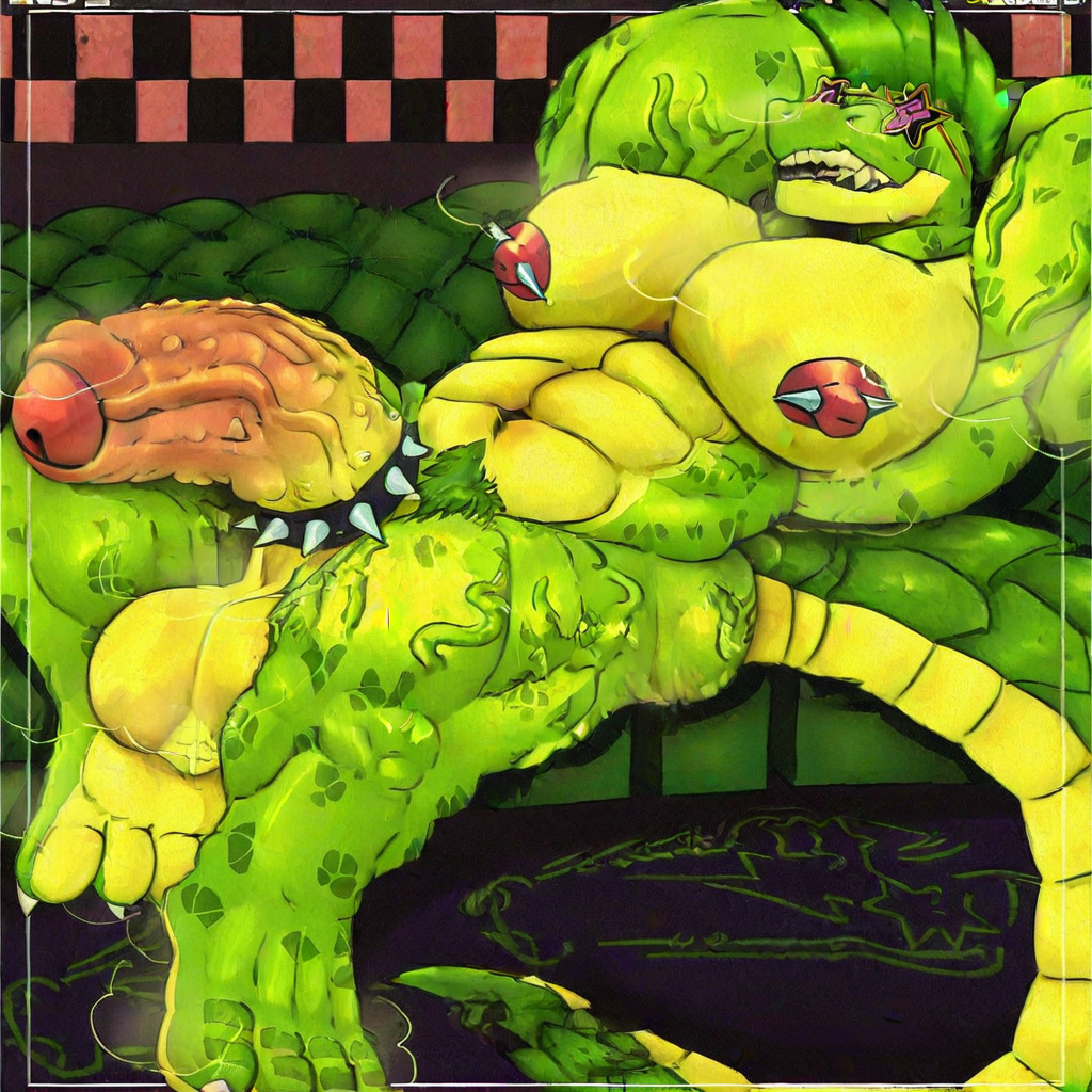 male focus, gothic wrist bandsm purple gloves, yellow sun glasses with purple star shaped glass, arms behind head, bowser, green skin, star-shaped eyewear, full body, piercing, nipple stimulation, nipple bar, navel hair, watermark, tail, looking at viewer, fnaf character monty gator, huge eyebrows, mature male, solo, multiple boys, recording, fnaf monty, colored skin, pubic hair, orc, ass, bracelet, veins, bara, sunglasses, large hands, fingerless gloves, smile, muscular male, teeth, glasses, girthy penis, looking back, thighs, black border, animontronic two toned scales, ass focus, veiny penis, from below, large testicles, hands on hips, anthro male alligator, large pectorals, from behind, completely nude, large penis, lizard tail, flaccid, grin, on side, scalie, viewfinder, red eyes, presenting, simple background, long nails, lying, muscular, robotic alligator, erection, huge penis, jewelry, dark green finger nails, cropped legs, spikes, sharp teeth, dark green eyebrows, nipple piercing, sitting, thick eyebrows, on back, blush, dark purple star make up, navel, strongman waist, nude, anthro alligator, spiked hair, barbell piercing, artist name, penis, feet out of frame, twitter username, fnaf monty gator, anus, monty gator, spiked bracelet, steam, censored, nipples, furry, male pubic hair, pectorals, scales, 2boys, red hair, spread legs, stomach, testicles, dragon boy, 1boy, short hair, star glasses, gator, abs, monster boy, horns, tusks, thick thighs, uncensored, furry male
