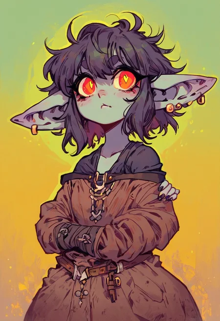 ((score_9, score_8_up, score_7_up)), (1girl, female goblin girl, viking), (slightly chubby:0.5), shortstack, curvy, wide hips, modern style colourful illustration, pale skin, bright colorful girl, bold & powerful, goblin like, lifelike art, evil & dark, simple background, big pointy ears, goblin like, big eyes, slip pupil, atmospheric surroundings, deep and colourful background, dark and moody lighting, messy hair, teasing, fur outfit, threatening, clawed fingernails, low perspective, full body, crouched down (fangs:0.6),
<lora:cultistexl:0.75>, <lora:n30nc4tXLP:0.5>, <lora:g4n1m3XLP:0.3>, <lora:UNW3LLXLP:0.8>, unw3ll, gloomy, eerie,