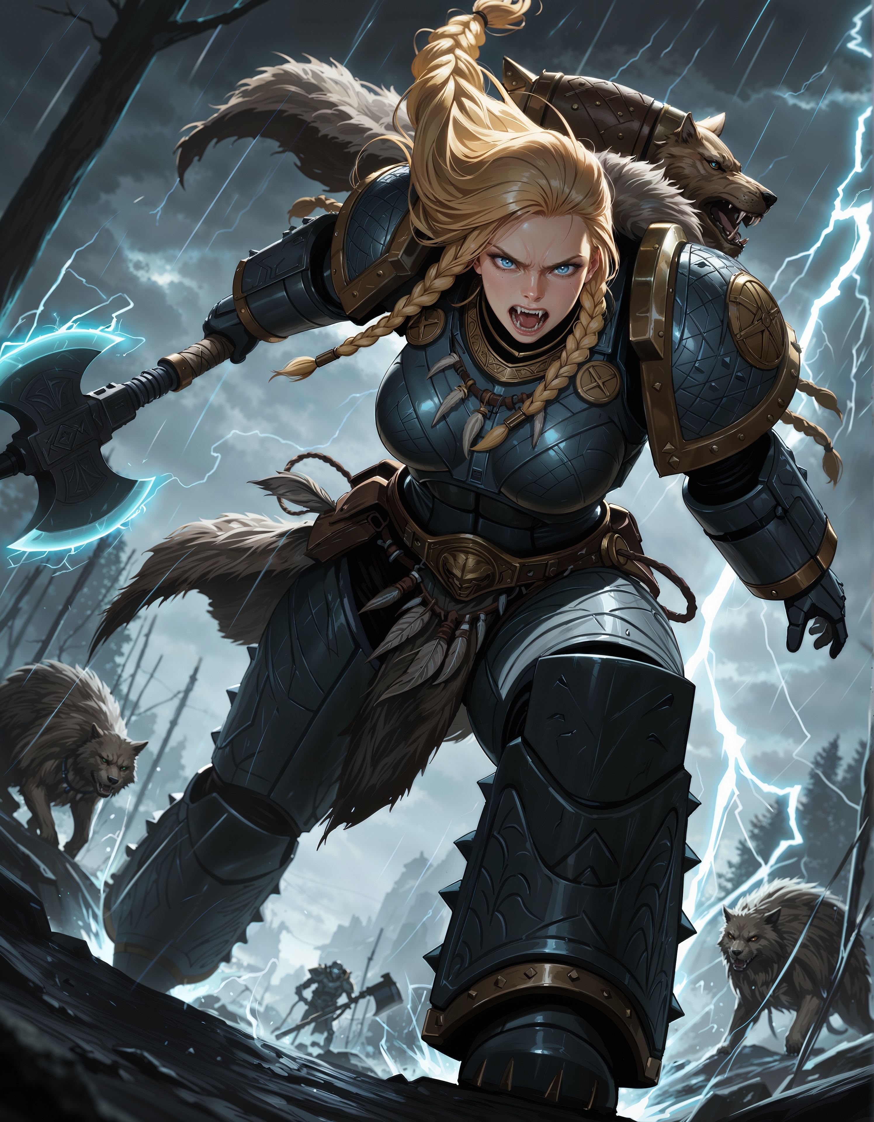 masterpiece, best quality,high quality, newest, highres,8K,HDR,absurdres, dynamic angle, realistic, 1girl, iLLemanR40K, solo, power armor, fangs, long hair, braids, necklace, viking, pelts, holding an axe, lightning aura, electric, storm, stormy sky, dynamic pose, intense lighting, detailed background, depth of field, dynamic composition, foreshortening, detailed background, dynamic pose, dynamic composition,dutch angle, detailed backgroud,foreshortening,blurry edges <lora:iLLemanR40K:1>