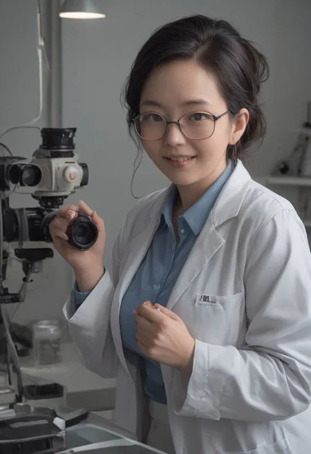 hyperrealistic, glamorous photo, masterpiece, stunning, best quality, RAW upper body shot photo of a mature geeky asian woman, clear focus, pale skin, curvy, glasses, black hair, perfect face, sexy pose, wearing a white lab coat and a blue shirt, big smile, working in a laboratory, Hasselblad DLSR camera, 200mm Zeiss lens, f/2.8, detailed, realistic shadows, low light, soft natural light, Rembrandt style light, professional, high contrast, bright colors, intricate details, (high quality texture), (sharp), (artistic image), 8K, highly detailed, vivid colours, rich details,