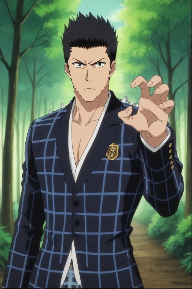 score_9, score_8_up, score_7_up, , rating_safe, , anime screencap, anime coloring, official style, looking at viewer, 1boy, solo, male focus, <lora:isshin_kurosaki_pony:0.94>, isshin_kurosaki, black hair, black eyes, short hair, spiked hair, , asymmetrical, forest, noon, claw pose, angry, DustyRose Muslin Checkered Trousers, Cobalt Plaid blazer, , , and, <lora:sdxl_lightning_8step_lora:1>