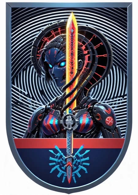 bright neon theme scene, score_9, score_8_up, score_7_up, mechanical style, a close up of a robotic cobra snake in a metal gear and with a sword and shield, vector graphics forum badge, inspired by Ota Bubeníček, american propaganda, red and blue color scheme, us army, h 1 0 2 4, by Jeff A. Menges, 300mm, authoritative, inspired by László Mednyánszky, cia , <lora:Black_light_circus:1>