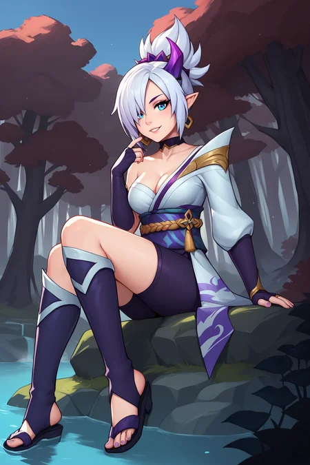 score_9, score_8_up, score_7_up, score_6_up, BREAK, RivenSBXL, blue eyes, white hair, short hair, hair over one eye, sidelocks, single horn, hair ornament, pointy ears, medium breasts, black choker, collar bone, single bare shoulder, cleavage, white kimono, purple sash, multicolored sash, purple elbow gloves, fingerless gloves, purple pants, asymmetrical clothes, greaves, purple sandals, solo, sitting, bellow view, seductive smile, looking at viewer, forest, tree <lora:RivenSBXL:0.8>