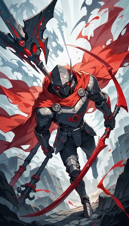 score_9, score_8_up, score_7_up, Anime Style, The Death Mechanical Warrior wears a red cape, graphite black armor combines white and red materials, smooth and streamlined body, wields a super giant black and red scythe, the surrounding ghosts are in the shadows, looming, depth of field, dynamic angle, sharp, hyperdetailed:1.15