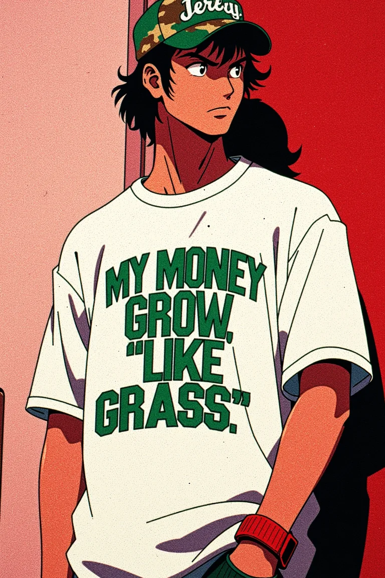 a retro anime of a person in a casual pose, wearing a white t-shirt with bold green and white text that reads 'My Money Grow, 'Like Grass. The person is also wearing a green cap with the word 'Jersey' printed on it, a camouflage-patterned cap, and a red wristband. The background is a plain, light-colored wall, and the overall color palette is dominated by red, and black.