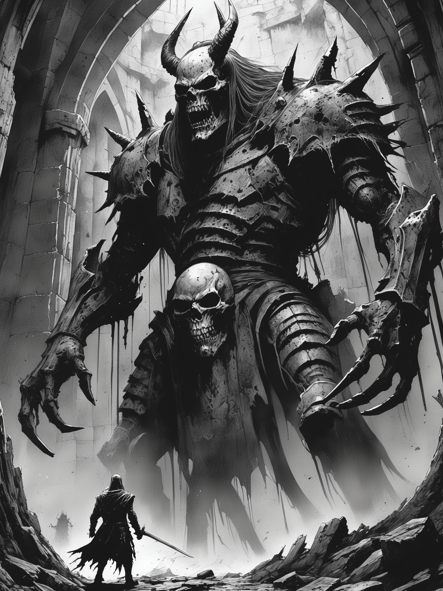 FRESHIDEAS Dark RPG old-school style Ink,black and white manga style,Dark Fantasy Scene depicting a battle-scarred hero confronting a towering,malevolent overlord in a decaying castle,capturing the gritty essence of dark fantasy storytelling,style focusing on intricate detail and dramatic contrast,berzerk style,kentaro miura style,(((masterpiece))),(((best quality))),((ultra-detailed)),16K,high detail,high resolution,