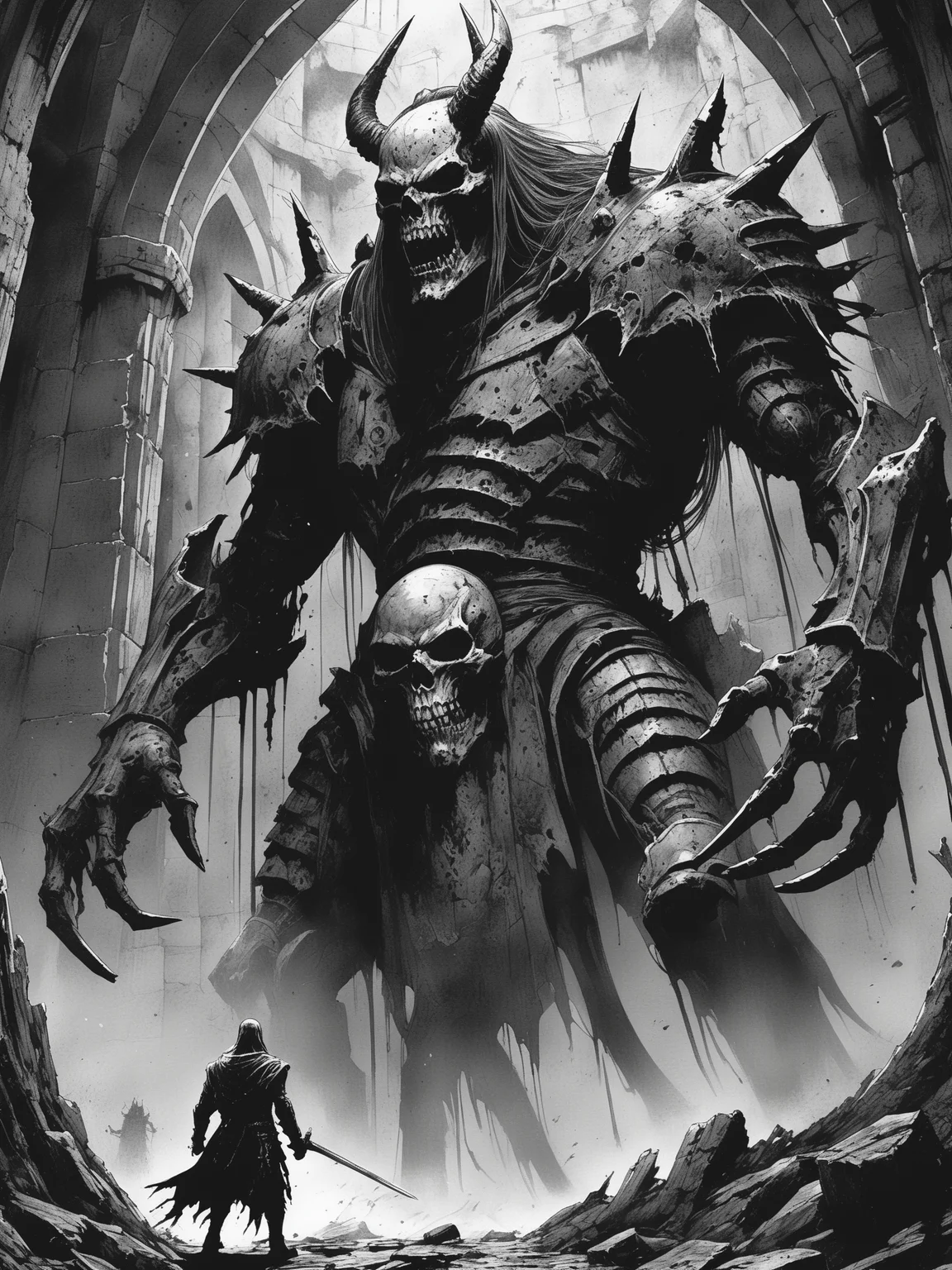 FRESHIDEAS Dark RPG old-school style Ink,black and white manga style,Dark Fantasy Scene depicting a battle-scarred hero confronting a towering,malevolent overlord in a decaying castle,capturing the gritty essence of dark fantasy storytelling,style focusing on intricate detail and dramatic contrast,berzerk style,kentaro miura style,(((masterpiece))),(((best quality))),((ultra-detailed)),16K,high detail,high resolution,