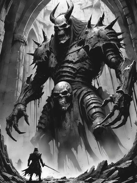 FRESHIDEAS Dark RPG old-school style Ink,black and white manga style,Dark Fantasy Scene depicting a battle-scarred hero confronting a towering,malevolent overlord in a decaying castle,capturing the gritty essence of dark fantasy storytelling,style focusing on intricate detail and dramatic contrast,berzerk style,kentaro miura style,(((masterpiece))),(((best quality))),((ultra-detailed)),16K,high detail,high resolution,