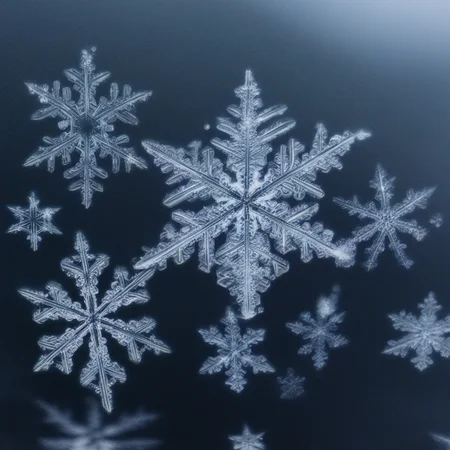 Closeup of multiple falling snowflakes, each a different shape