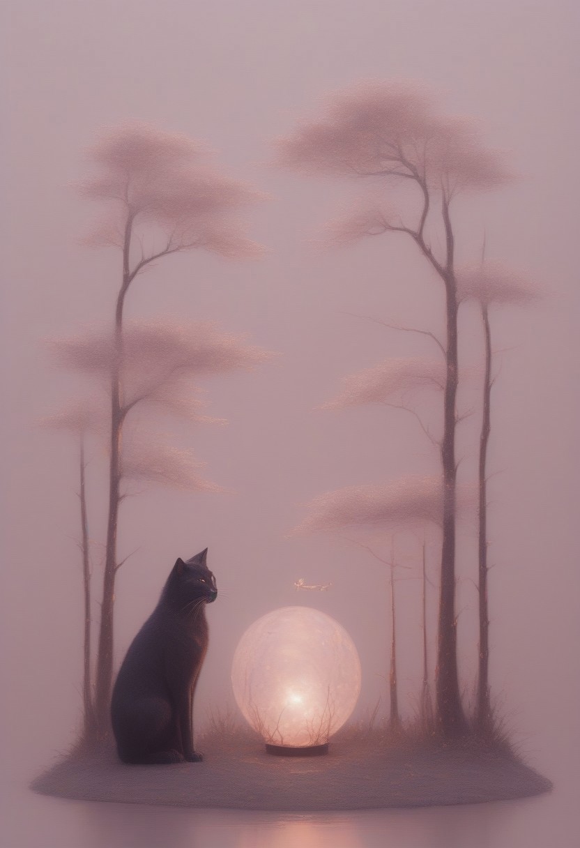 masterpiece, best quality, absurdres, copper cats sitting on a tree branch, facing each other in an intimate and harmonious pose. The left cat is black, while the right cat is white, creating a striking contrast. They are surrounded by delicate, blooming branches with small flowers, adding a serene and romantic atmosphere. The background is softly blurred, focusing the viewer's attention on the cats and their interaction. The lighting is soft, emphasizing the copper texture of their fur and the gentle ambiance of the scene. pink heart in front of them, white sphere in the background, h4ra_illu, momosp