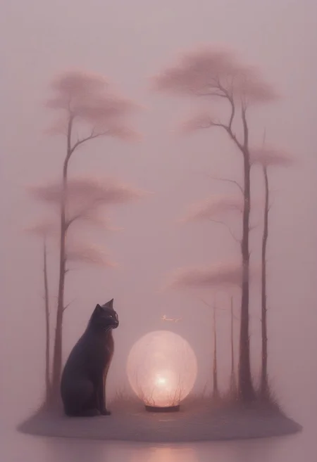 masterpiece, best quality, absurdres, copper cats sitting on a tree branch, facing each other in an intimate and harmonious pose. The left cat is black, while the right cat is white, creating a striking contrast. They are surrounded by delicate, blooming branches with small flowers, adding a serene and romantic atmosphere. The background is softly blurred, focusing the viewer's attention on the cats and their interaction. The lighting is soft, emphasizing the copper texture of their fur and the gentle ambiance of the scene. pink heart in front of them, white sphere in the background, h4ra_illu, momosp