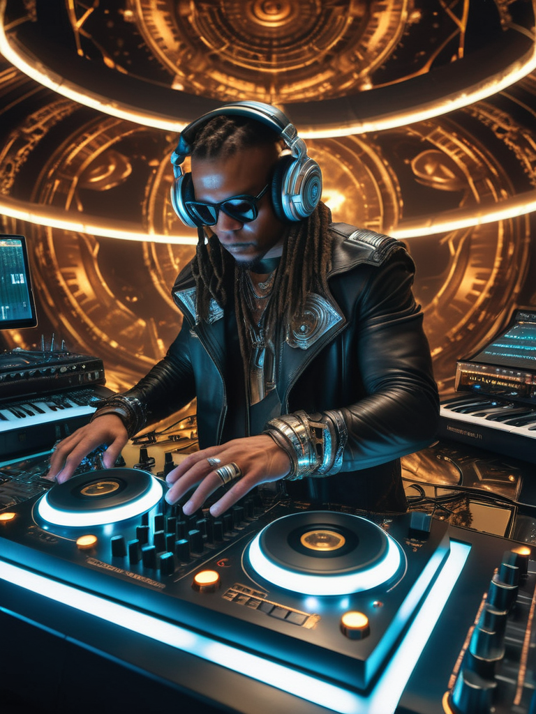 a fisheye lens photo of a post apocalyptic tribal cyborg dj tweaking and playing synthesizers in the most complicated and technical spiral fractal musical studio, powerful, cinematic, beautifully lit, by donato giancola, by artgerm, by karol bak, 3d, perfect face and body, trending on artstation, octane render, 8k Ultra