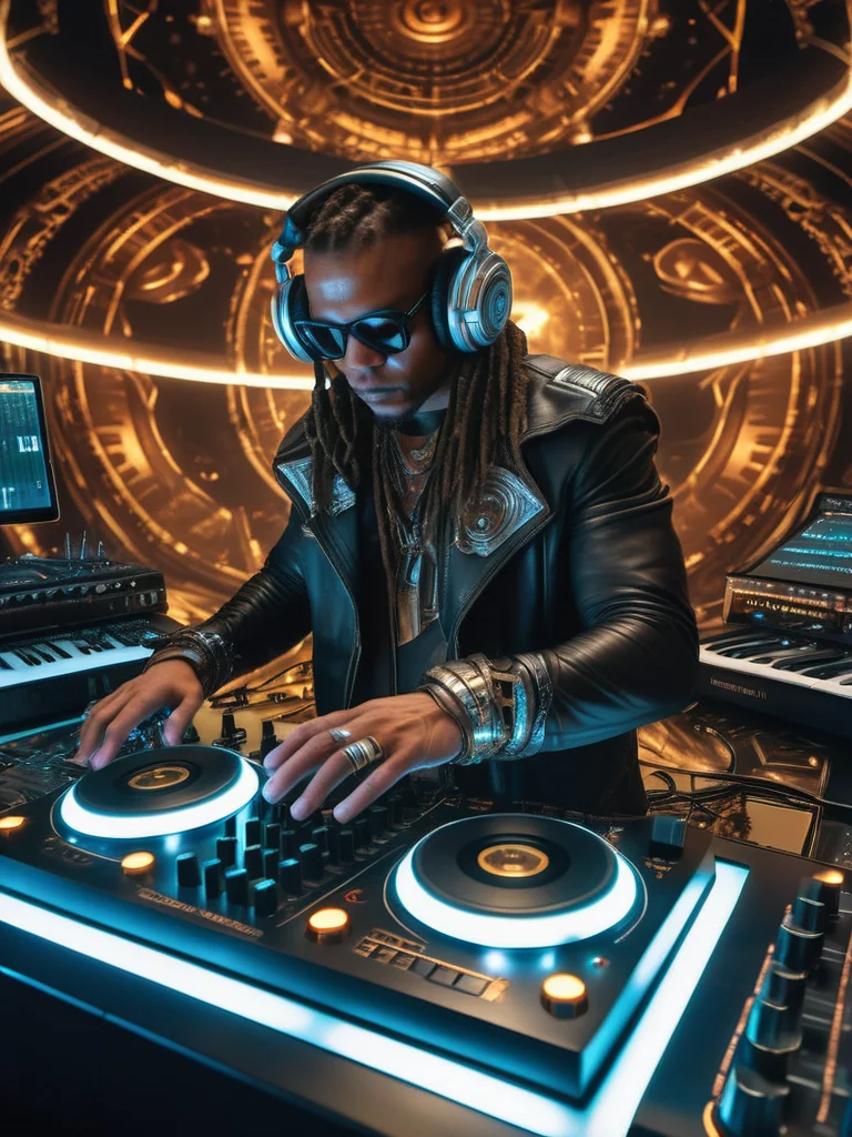 a fisheye lens photo of a post apocalyptic tribal cyborg dj tweaking and playing synthesizers in the most complicated and technical spiral fractal musical studio, powerful, cinematic, beautifully lit, by donato giancola, by artgerm, by karol bak, 3d, perfect face and body, trending on artstation, octane render, 8k Ultra