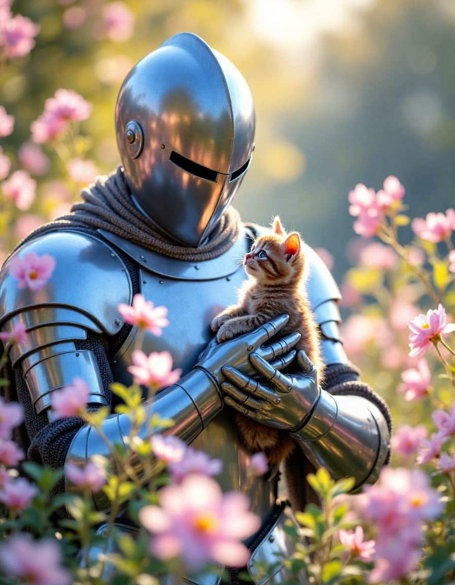 Knight holding kitten in flower garden: A knight in full plate armor stands amidst blooming flowers, gently cradling a tabby kitten in their gauntleted hands. Sunlight filters through the foliage, creating a warm, dappled light. The kitten looks up at the knight with a curious expression. Focus on the contrast between the hard armor and the soft fur. Photorealistic style with a touch of fantasy, <lora:aidmaFLuxPro1.1_v0.3:0.7>