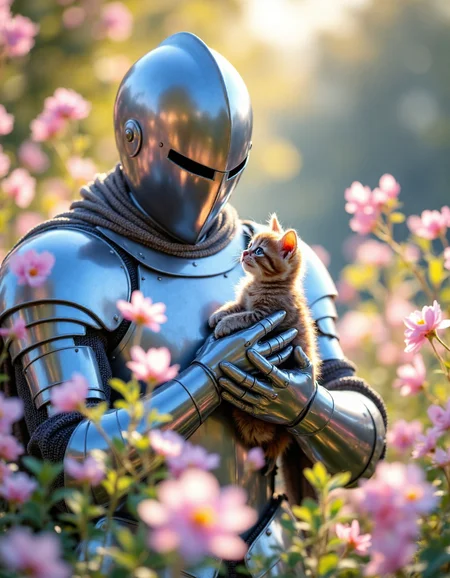 Knight holding kitten in flower garden: A knight in full plate armor stands amidst blooming flowers, gently cradling a tabby kitten in their gauntleted hands. Sunlight filters through the foliage, creating a warm, dappled light. The kitten looks up at the knight with a curious expression. Focus on the contrast between the hard armor and the soft fur. Photorealistic style with a touch of fantasy, <lora:aidmaFLuxPro1.1_v0.3:0.7>