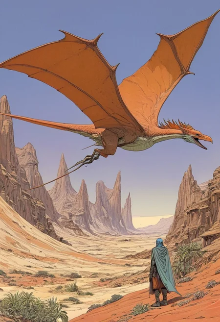 Arzach riding a majestic, leathery-skinned pteranodon with immense wings stretched wide, soaring over an alien desert landscape filled with surreal rock formations and bizarre flora. incorporating intricate line work, muted pastel tones, and dreamlike atmospheres. High attention to detail, emphasizing the flowing cape of Arzach and the textural nuances of the pteranodon’s skin. showcasing both alien wilderness and the silent grandeur of flight. .(anime,cyberpunk,Moebius (Jean Giraud) Style page)