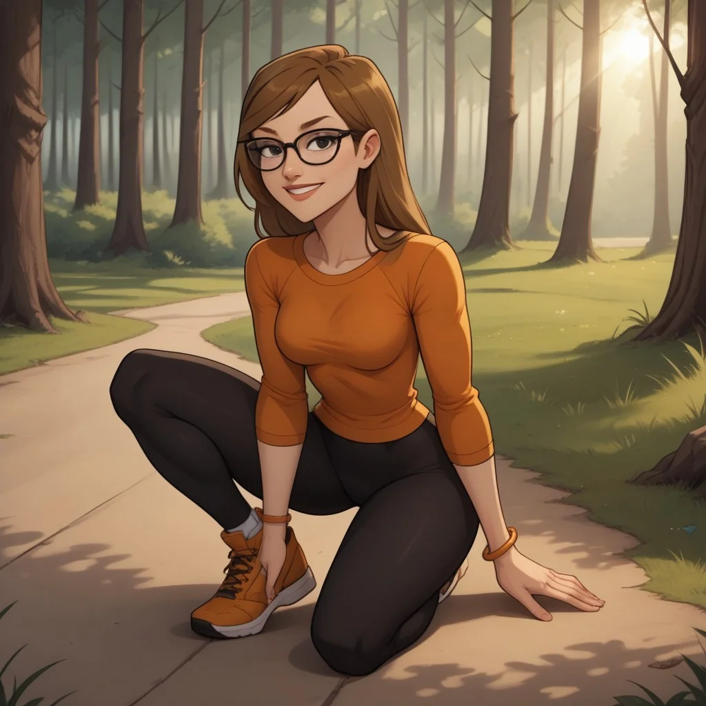score_9, score_8, BREAK, solo, 1girl, multicolored long sleeves, undershirt, leggings, glasses, brown hair, long hair, black eyes, sneakers, breasts, total drama, Mary_(Total_Drama), tdtrr, cute, bracelet, sexy pose, full body, smile, outdoors, sunlight, shadows, evening lighting, natural lighting, forest, trees, grass, orange sky, sunset