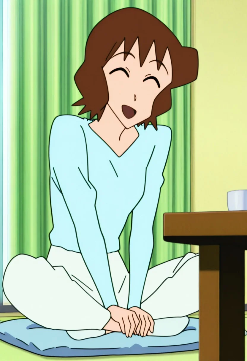 best quality, masterpiece, anime screencap, anime coloring, ultra detailed, source_anime, intricate details, perfect anatomy, looking at viewer, musae, 1girl, brown hair, solo, closed eyes, sitting, smile, short hair, indian style, open mouth, ^ ^, table, white pants, pants, curtains, long sleeves