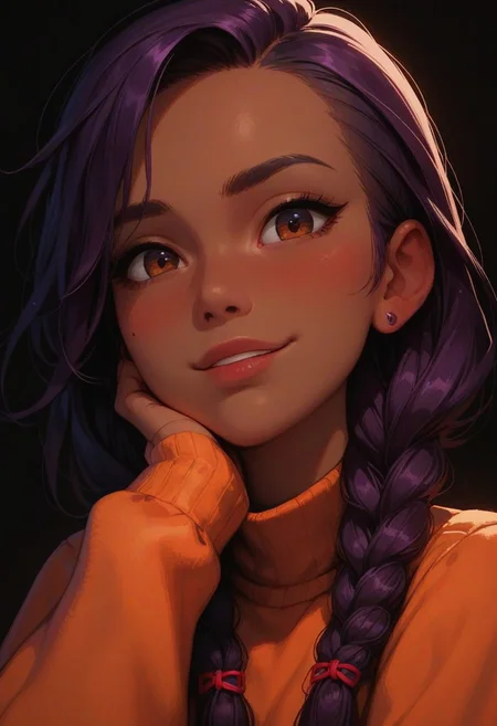 score_9, score_8_up, score_7_up, score_6_up, 
1girl, 25 years old, perfect face, cute, petite, looking at viewer, 
(dark skin), 
brown eyes,
purple hair, twin braids, asymmetrical bangs,
orange sweater, 
blush, shy smile, 
portrait, face focus, detailed face,
