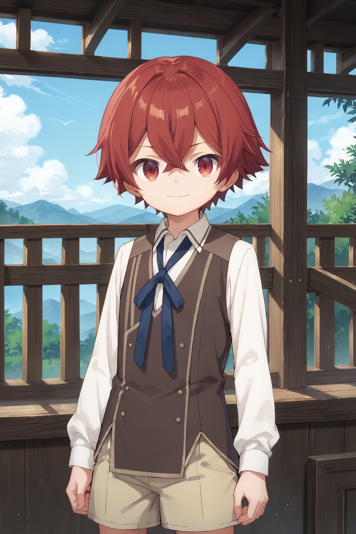 score_9, score_8_up, score_7_up, 1boy, vest, shirt, shorts, sion, cowboy_shot, looking at viewer, red hair, red eyes, zPDXL3, young, smile, <lora:sionPonyv1>