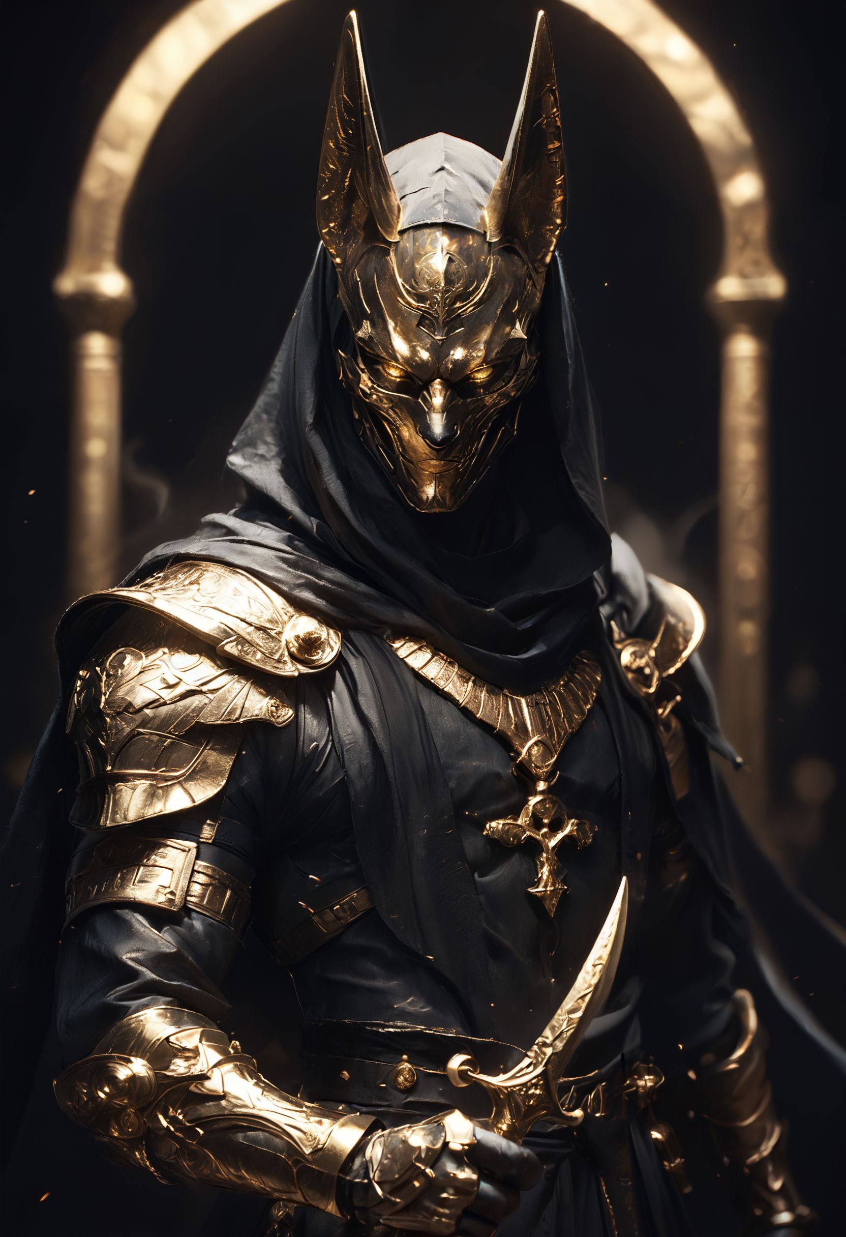 (score_9, score_8_up), score_7_up, Highly detailed RAW color Photo, glowing eyes, yellow eyes, glowing, Anubis as an anime character in a dynamic pose, holding staff, 1arm up, shoulder armor, gauntlets, pauldrons, mask, dark, hood, full armor, looking at viewer, all black and gold armor, black cloak, occult, dark theme, black and gold theme, black background, simple background, gold and black armor, gold, gold jewelry, dark,
gorgeous details, depth perception, backlighting, photorealistic, shiny metallic texture, perfectly rendered reflections,
dark lighting, dof, depth of field, realistic, dark background, CINE, embers, low-key, hkwarrior,

<lora:unholy-000009:0.6> <lora:CINE-000008:0.4>
<lora:PonyFantasyWarriorsEgypt:0.7> <lora:- SDXL - vanta-black_contrast_V3.0:0.7> <lora:masky-000009:0.2>