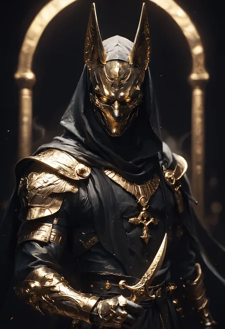 (score_9, score_8_up), score_7_up, Highly detailed RAW color Photo, glowing eyes, yellow eyes, glowing, Anubis as an anime character in a dynamic pose, holding staff, 1arm up, shoulder armor, gauntlets, pauldrons, mask, dark, hood, full armor, looking at viewer, all black and gold armor, black cloak, occult, dark theme, black and gold theme, black background, simple background, gold and black armor, gold, gold jewelry, dark,
gorgeous details, depth perception, backlighting, photorealistic, shiny metallic texture, perfectly rendered reflections,
dark lighting, dof, depth of field, realistic, dark background, CINE, embers, low-key, hkwarrior,
<lora:unholy-000009:0.6> <lora:CINE-000008:0.4>
<lora:PonyFantasyWarriorsEgypt:0.7> <lora:- SDXL - vanta-black_contrast_V3.0:0.7> <lora:masky-000009:0.2>