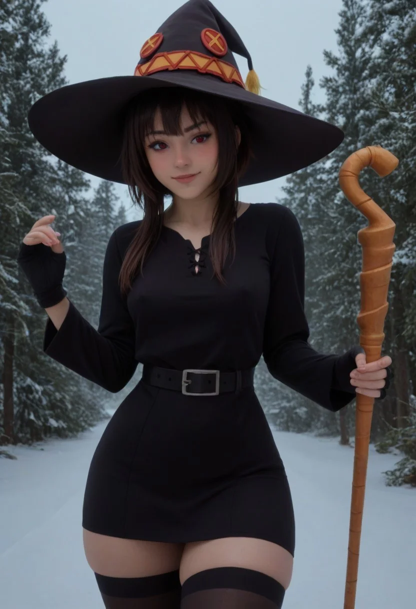 score_9, score_8_up, score_7_up, score_6_up, 
1girl, 25 years old, perfect face, (adult), sexy, close view,
((latin woman:1.4)), megumin, short hair, black hair, red eyes, short hair with long locks, wide hips, narrow waist, wide shot, ((hourglass shaped body:1.3)), hot woman, slim body, ((medium perky natural breasts, poking nipples:1.1)), from front, ((thighhighs, gloves, black gloves, black thighhighs, fingerless gloves, dark blue tight dress, hot woman, eyeliner, black witch hat, golden scepter:1.2)), holding magical scepter, magical wand, looking away
outdoors, winter, snowy weather, thick snow, forest, sparse trees, pine trees, mountainside,
blush, portrait, face focus, detailed face, winking with one eye, smile, cute expression, h0urgl4ssSh4p3, ((thick thighs, wide hips, narrow waist:1.45))