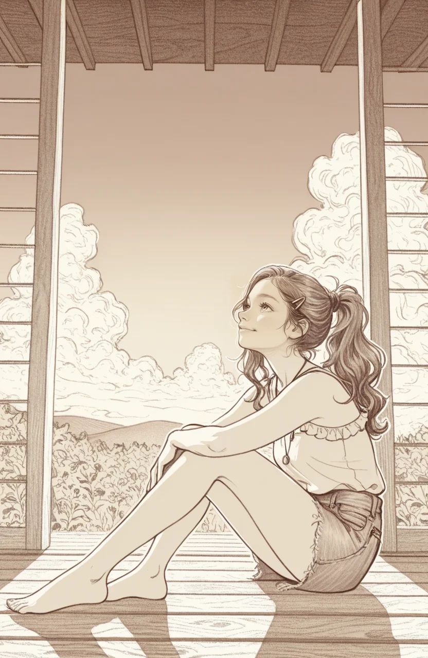 pencil sketch,pencil drawing,monochrome,sketch BREAK
1girl,solo,lazypos,detailed background,delicate,dreamy,bright and vibrant,full body,
cinematic lighting,dramatic shadows,cinematic angle,side view,looking up,(wide view:1.5),
fading evening light,evening sky,clouds,
aged wood porch,wind chime,warm shadows,
smile,wide high ponytail,long hair,wavy hair,
sleeveless,layered skirt,denim skirt,necklace,frills,hairclip,(bare legs:1.5),
hugging knees,porch,veranda,outside,
dynamic pose,foreshortening,extreme perspective,
BREAK.,<lora:Sketch:1>,sketch,pencil drawing,monochrome,outline,