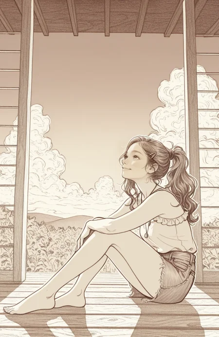 pencil sketch,pencil drawing,monochrome,sketch BREAK
1girl,solo,lazypos,detailed background,delicate,dreamy,bright and vibrant,full body,
cinematic lighting,dramatic shadows,cinematic angle,side view,looking up,(wide view:1.5),
fading evening light,evening sky,clouds,
aged wood porch,wind chime,warm shadows,
smile,wide high ponytail,long hair,wavy hair,
sleeveless,layered skirt,denim skirt,necklace,frills,hairclip,(bare legs:1.5),
hugging knees,porch,veranda,outside,
dynamic pose,foreshortening,extreme perspective,
BREAK.,<lora:Sketch:1>,sketch,pencil drawing,monochrome,outline,