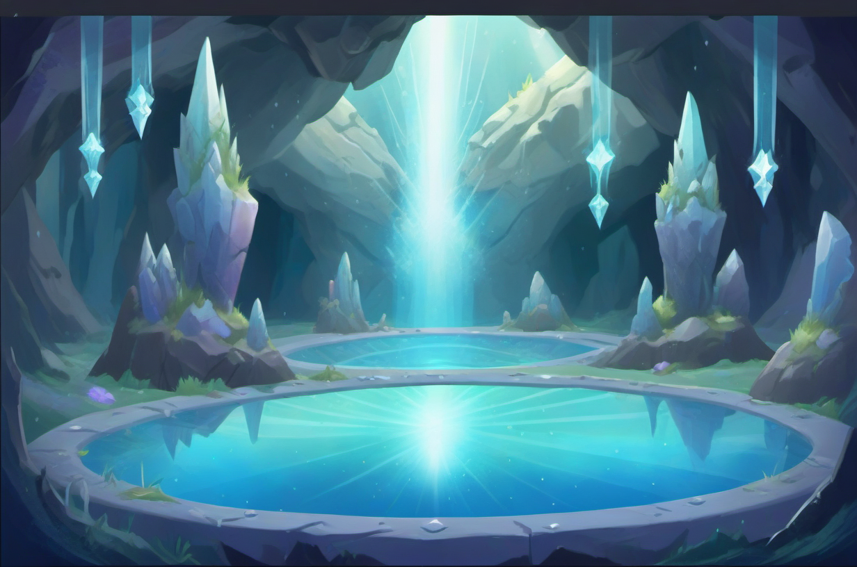 background plate, Crystal Cavern: Glittering crystals, mirrored pools, luminescent insects, hidden crystal giants, ethereal echoes., v3rd, flatee, <lora:BACKTOON_0.1_RC:0.6>