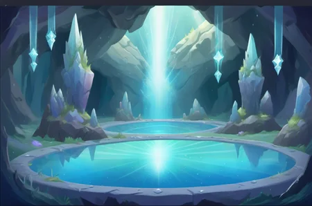 background plate, Crystal Cavern: Glittering crystals, mirrored pools, luminescent insects, hidden crystal giants, ethereal echoes., v3rd, flatee, <lora:BACKTOON_0.1_RC:0.6>