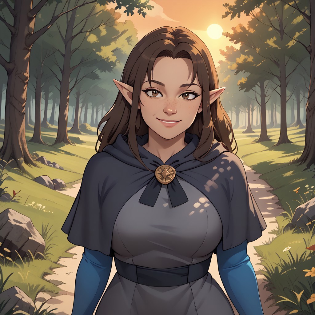 score_9, score_8, BREAK, Bo, pale cream skin, dark brown eyes, freckles, brown shoulder-length hair, pointy ears, blue sleeves, blue leggings, hexside uniform, grey tunic, hooded capelet, adult female, mature female, breasts, sexy pose, self portrait, smile, outdoors, sunlight, shadows, evening lighting, natural lighting, forest, trees, grass, orange sky, sunset