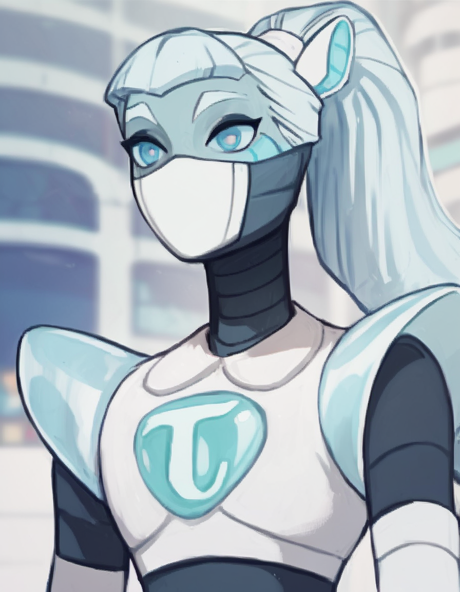 score_9, score_8_up, score_7_up, score_6_up, score_5_up, score_4_up, source_anime,  TaxiarchFive, robot, humanoid robot, mask, ponytail, long hair