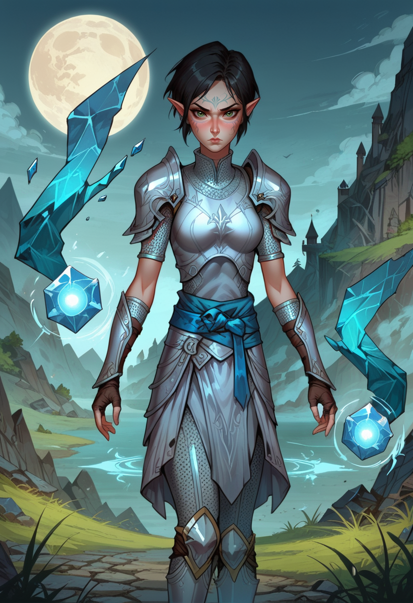 score_9, score_8_up, score_7_up, 1girl, solo,  SulfS-M3rr1LL, pointy ears, face tattoo, facial mark, short hair, black hair, green eyes,
AltM3rr1LL, silver armor, silver shoulder pads, bracers, fingerless gloves, short armored skirt, boots, blue belt,
serious face, action pose, casting spell, magic,ice shards, magic crystal, dynamic pose,
outdoors, ruined castle, mountains, night, glow, moon,
<lora:Merrill_Dragon_age_2-000008:0.8>,  <lora:Fant5yP0ny:1>