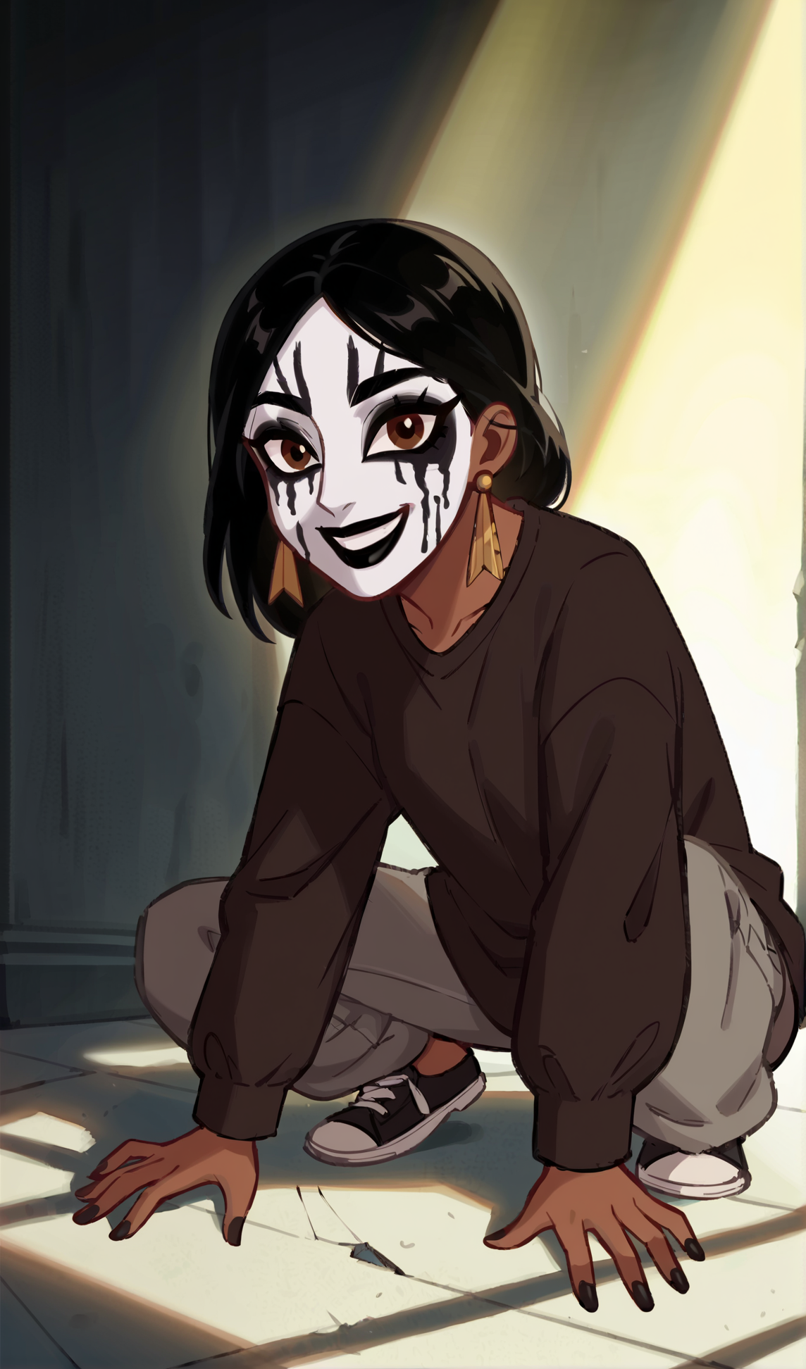 score_9, score_8_up, score_7_up, masterpiece, high quality, source_cartoon, zPDXL3, BREAK
Minimal noise, ((thick outline)), (cinematic lighting), ((clean lines)), (vector), dynamic angle, anime screenshot,
1girl, SlaveJasmine, dark-skinned female, brown skin, black hair, brown eyes, (((BLACK long sleeves shirt))), (corpse paint), baggy grey pants, (abbath makeup), black lipstick, (torn clothes), holding guitar, black earring, black fingernails, ((white FACE paint)), good anatomy, brown eyes, smiling, good eyes, [full body], looking at viewer, short, cartoon, ((spotlight)),      <lora:Corpse_Paint:0.7>,<lora:Metal_fashion:0.6>,<lora:Pony_QualityV4.0:2>,<lora:Slave_Jasmine_V_3:0.6>