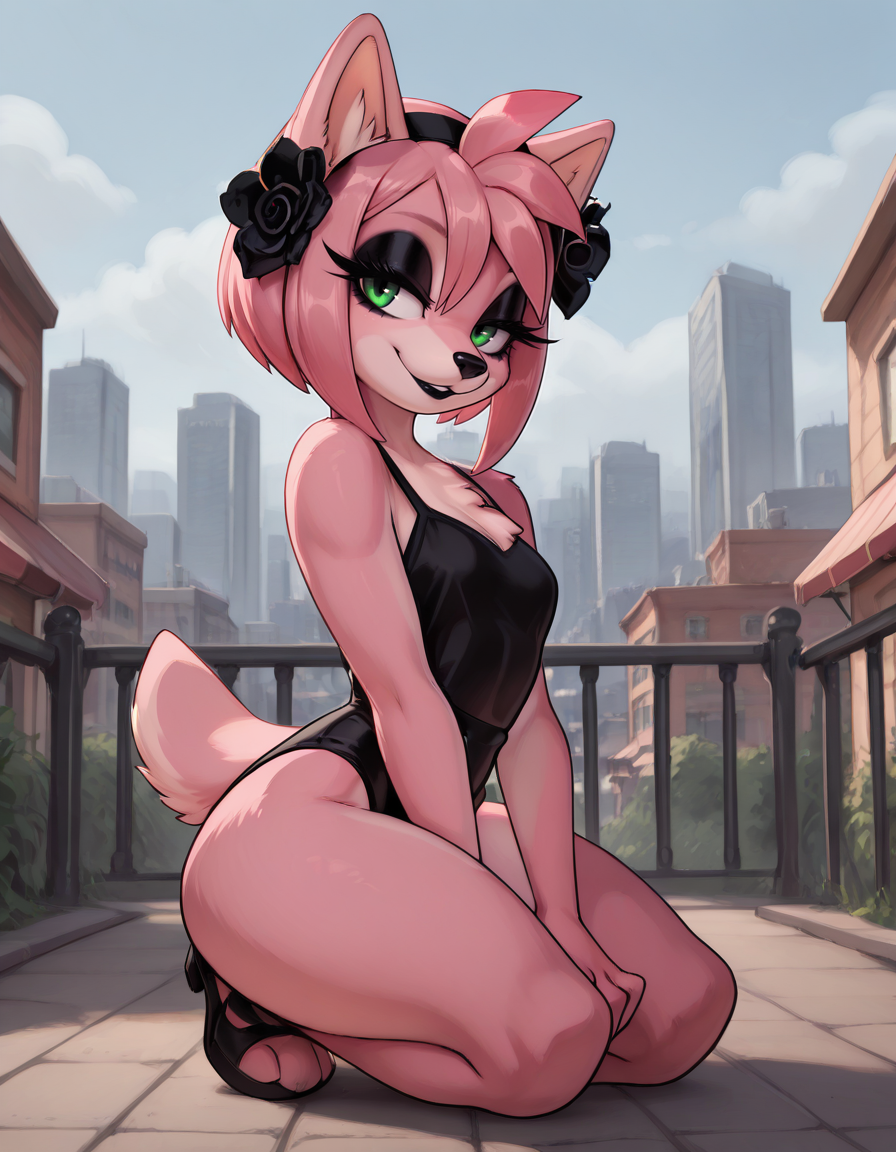 masterpiece, best quality,
outdoors,city, 
full body,seductive smile,parted lips,long eyelashes,
 <lora:AmyBlackRose_v03_ILXL:1>,
AmyBlackRose,1girl,furry female,solo,short hair,pink hair,hairband,bangs,hair ornament,hair flower,black hairband,sidelocks,green eyes,makeup,long eyelashes,black lipstick,animal nose,animal ears,body fur,pink fur,