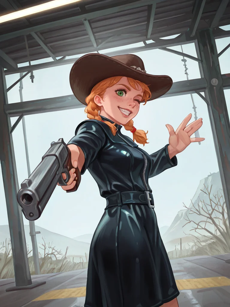 gothic style <lora:Rino99Quiron_Style_ilus:1> , Rino99Quiron, 1girl, upper body, dutch angle, wearing leather dress with cowboy hats leather shoes, holding gun aiming toward viewer, grin, blonde hair, freckles, inside old wild west trains, dessert dust, motion blur, one eye closed., A place with a very vast nature with big trees and lots of vegetation, from side, , waving, ,
misty copper train station, . dark, mysterious, haunting, dramatic, ornate, detailed