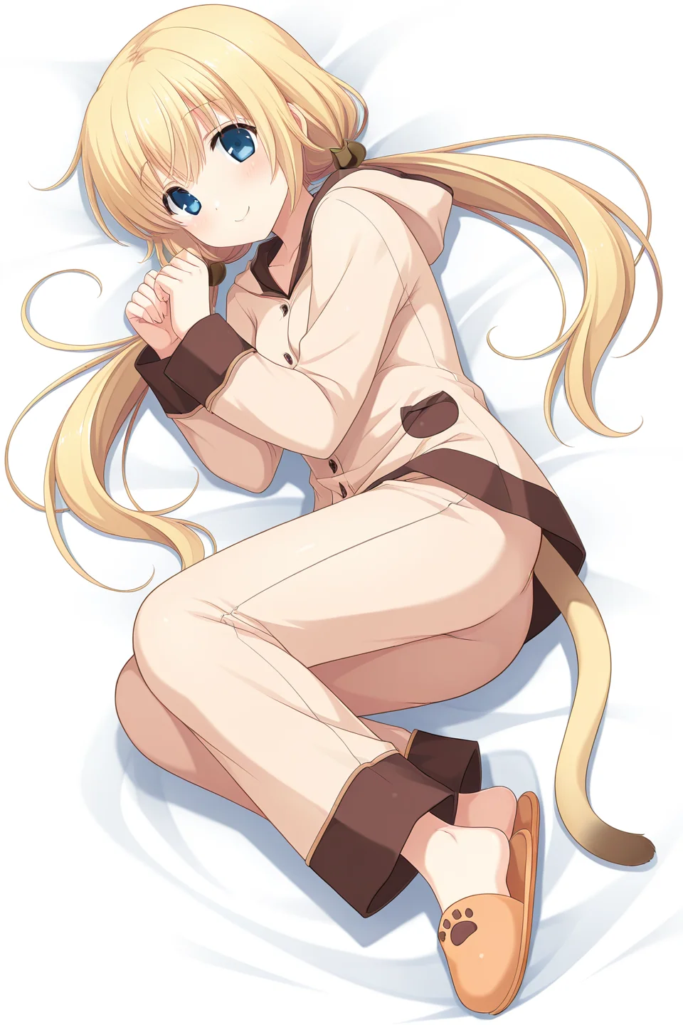 masterpiece, best quality, absurdres, official art, official style, rating general BREAK <lora:asasakameguri_IL_v1-4:0.7>, asasaka meguri, 1girl, solo, blue eyes, blonde hair, very long hair, low twintails, hair bobbles, cat hair ornament, small breasts, pajamas, beige hoodie, hood down, buttons, long sleeves, paw print, beige pants, cat tail, paw print slippers, smile, blush, looking at viewer, full body, closed mouth, collarbone, bedroom, on bed, lying, on side, fetal pose, from side