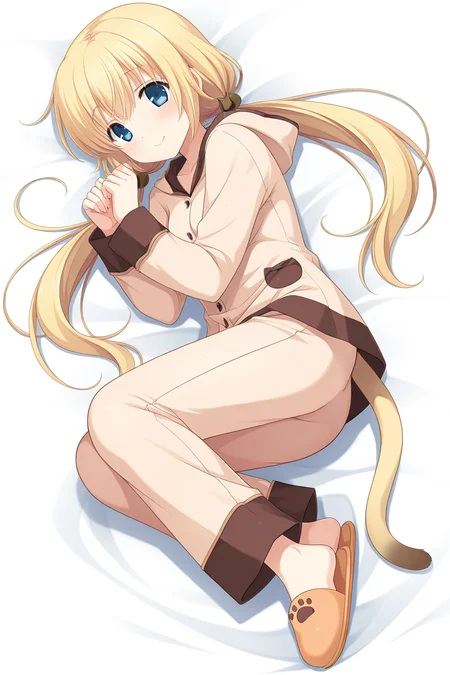 masterpiece, best quality, absurdres, official art, official style, rating general BREAK <lora:asasakameguri_IL_v1-4:0.7>, asasaka meguri, 1girl, solo, blue eyes, blonde hair, very long hair, low twintails, hair bobbles, cat hair ornament, small breasts, pajamas, beige hoodie, hood down, buttons, long sleeves, paw print, beige pants, cat tail, paw print slippers, smile, blush, looking at viewer, full body, closed mouth, collarbone, bedroom, on bed, lying, on side, fetal pose, from side