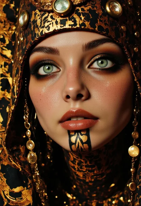 The image is a highly detailed, CGI-rendered digital artwork capturing an extreme close-up of a mystical, voluptuous hkmagic Cleopatra, embodying the grace and power of an Egyptian goddess. Her features are a blend of regal beauty and divine strength, with striking, intricately designed gold and silver tattoos adorning her chin and face, marking her as a goddess of both allure and might. She wears an enigmatic, ornate mask crafted from a combination of gold and silver, its intricate design reflecting ancient Egyptian artistry. The mask is adorned with symbols of power, with large, round, black dots serving as eyes that seem to peer into the soul of the viewer.
Her regal beauty is enhanced by the soft, ethereal light that bathes her, casting golden and silver reflections across her features. The mask’s cracked surface catches the light, casting soft highlights along its edges, while deep, tender shadows add depth to her majestic and partially unveiled face.
Her luxurious attire is rich with gold and silver accents—delicate chains, gemstones, and hieroglyphic engravings that shimmer in the ambient light. The overall atmosphere is one of divine mystery and ancient power, blending the grace of an Egyptian goddess with the strength of a ruler. Rendered in ultra-realistic 8K quality, every nuance of Cleopatra’s divine visage, from the radiant gold and silver markings to the captivating glimpse of her regal self, is brought to life in a hauntingly beautiful and majestic way.