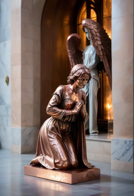 a copper statue portraying a kneeling and weeping angel, bleak, hopeless, depressing, enshrined in an alcove, marble church background
BREAK
CivChan