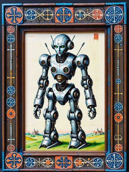 rectangular frame, painting, medieval  jed-rbt witch, robot, cyberpunk  <lora:pam-mdvl:1> pam-mdvl  <lora:RoboStyle:0.6>, (masterpiece:1.2), best quality