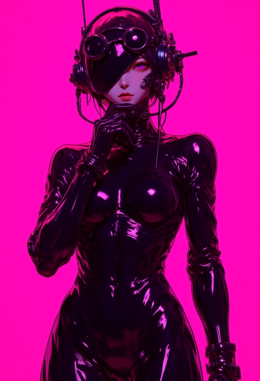 A mysterious figure dressed in a sleek, black latex suit, the material reflecting vibrant neon pink highlights that blend seamlessly with the bold, pink background. The figure's posture is relaxed yet intriguing, with one hand resting on their chin, exuding an aura of both dominance and curiosity. The suit is accentuated with futuristic accessories, including a headpiece with circular goggles and a high-tech communication device attached, adding a cyberpunk edge to the look. The overall aesthetic is bold and avant-garde, creating a striking contrast between the glossy black latex and the vivid pink background., aiai-Glimra,  aiai-4p4rt <lora:aiai-Glimra-Flux-Dev-v2:0.5> <lora:aiai-4p4rt-Flux-Dev-v6:0.5>