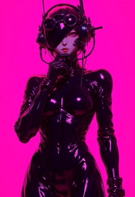 A mysterious figure dressed in a sleek, black latex suit, the material reflecting vibrant neon pink highlights that blend seamlessly with the bold, pink background. The figure's posture is relaxed yet intriguing, with one hand resting on their chin, exuding an aura of both dominance and curiosity. The suit is accentuated with futuristic accessories, including a headpiece with circular goggles and a high-tech communication device attached, adding a cyberpunk edge to the look. The overall aesthetic is bold and avant-garde, creating a striking contrast between the glossy black latex and the vivid pink background., aiai-Glimra, aiai-4p4rt <lora:aiai-Glimra-Flux-Dev-v2:0.5> <lora:aiai-4p4rt-Flux-Dev-v6:0.5>