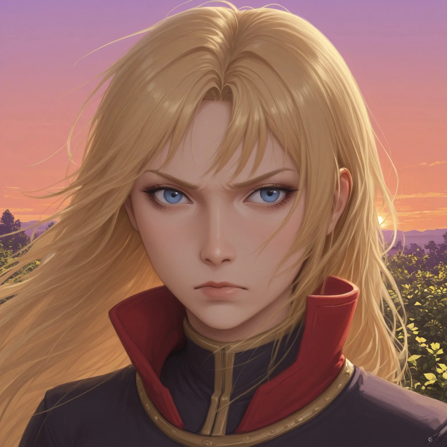 lazypos,realistic, 1girl,ClarisseFE, long hair, blonde hair, blue eyes, red collar, portrait, face focus, serious, bangs, from the side, beautiful face,
BREAK
Sunset, garden, orange sky, purple sky,