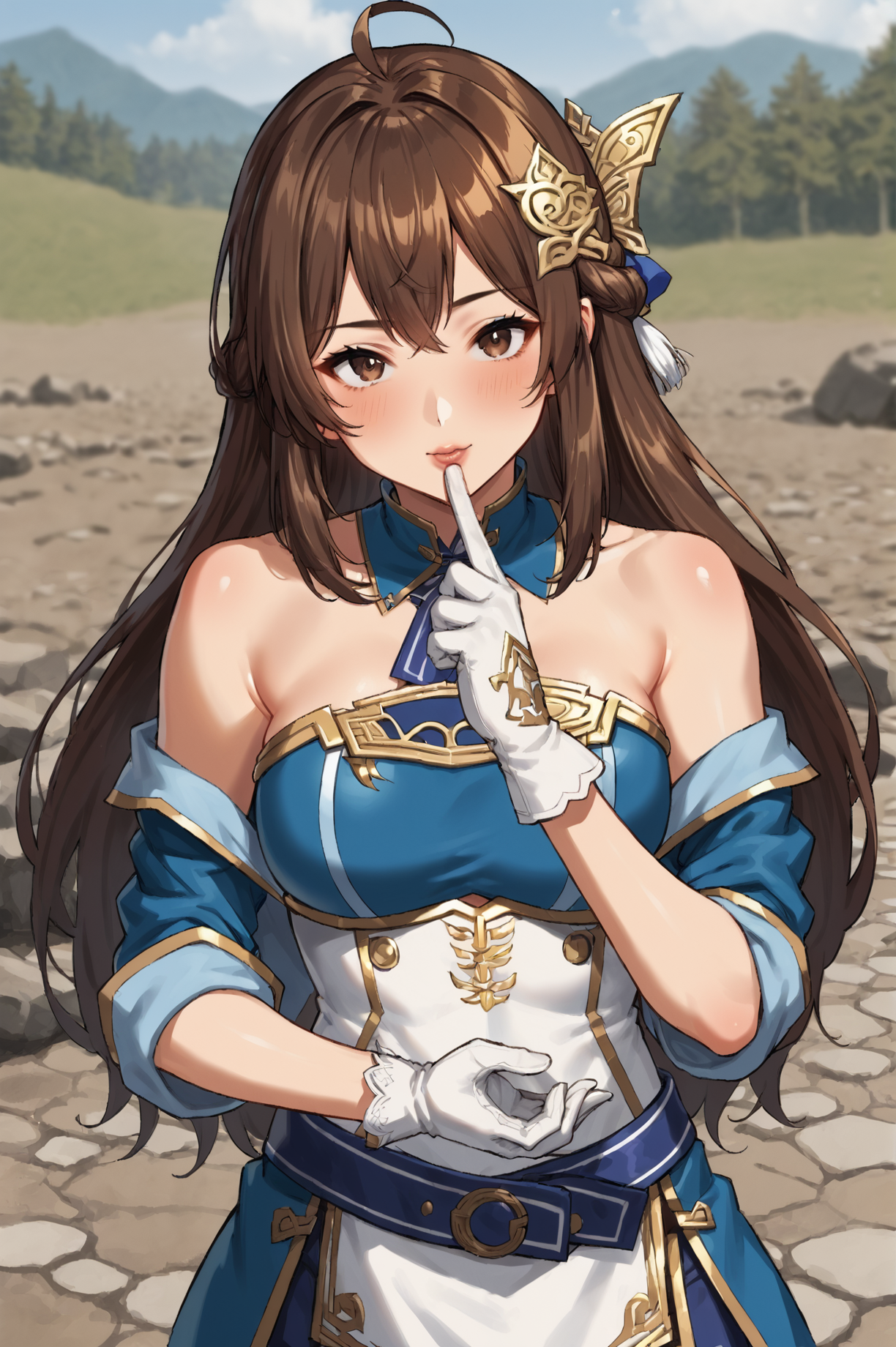 zPDXL2-neg, source_anime, 1girl, solo, long hair, brown hair, gloves, brown eyes, ahoge, white gloves, hair ornament, looking at viewer, outdoors, bare shoulder, blow kiss, <lora:Xing_Xianying_Dynasty_Warriors:0.8>