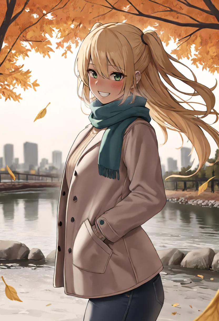 masterpiece, best quality,from side, cowboy shot, looking at viewer, smile, teeth, blush, 1girl, blonde hair, long hair, hair between eyes, green eyes, two side up, scarf, winter clothes, coat, turtleneck sweater, jeans, hands in pocket, outdoors, wind, autumn, falling leaves, river, skyline