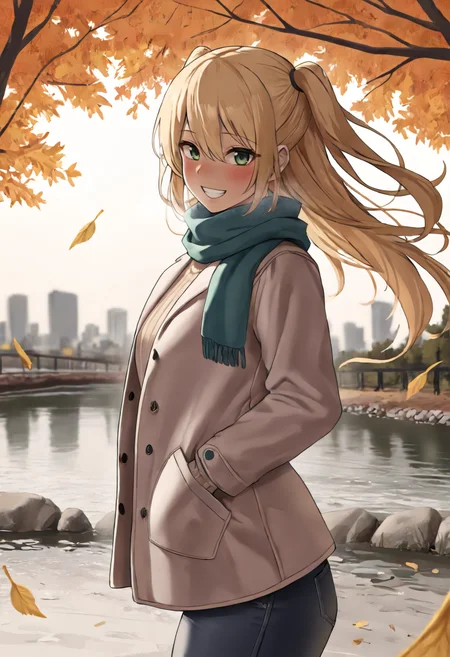 masterpiece, best quality,from side, cowboy shot, looking at viewer, smile, teeth, blush, 1girl, blonde hair, long hair, hair between eyes, green eyes, two side up, scarf, winter clothes, coat, turtleneck sweater, jeans, hands in pocket, outdoors, wind, autumn, falling leaves, river, skyline